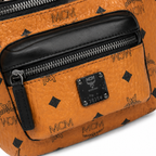 MCM Fursten Visetos Waist Bag in Cognac – Monogram Coated Canvas Belt Bag with Front Zip Pocket & Silver Plaque, 28.5x12.5x5.5cm