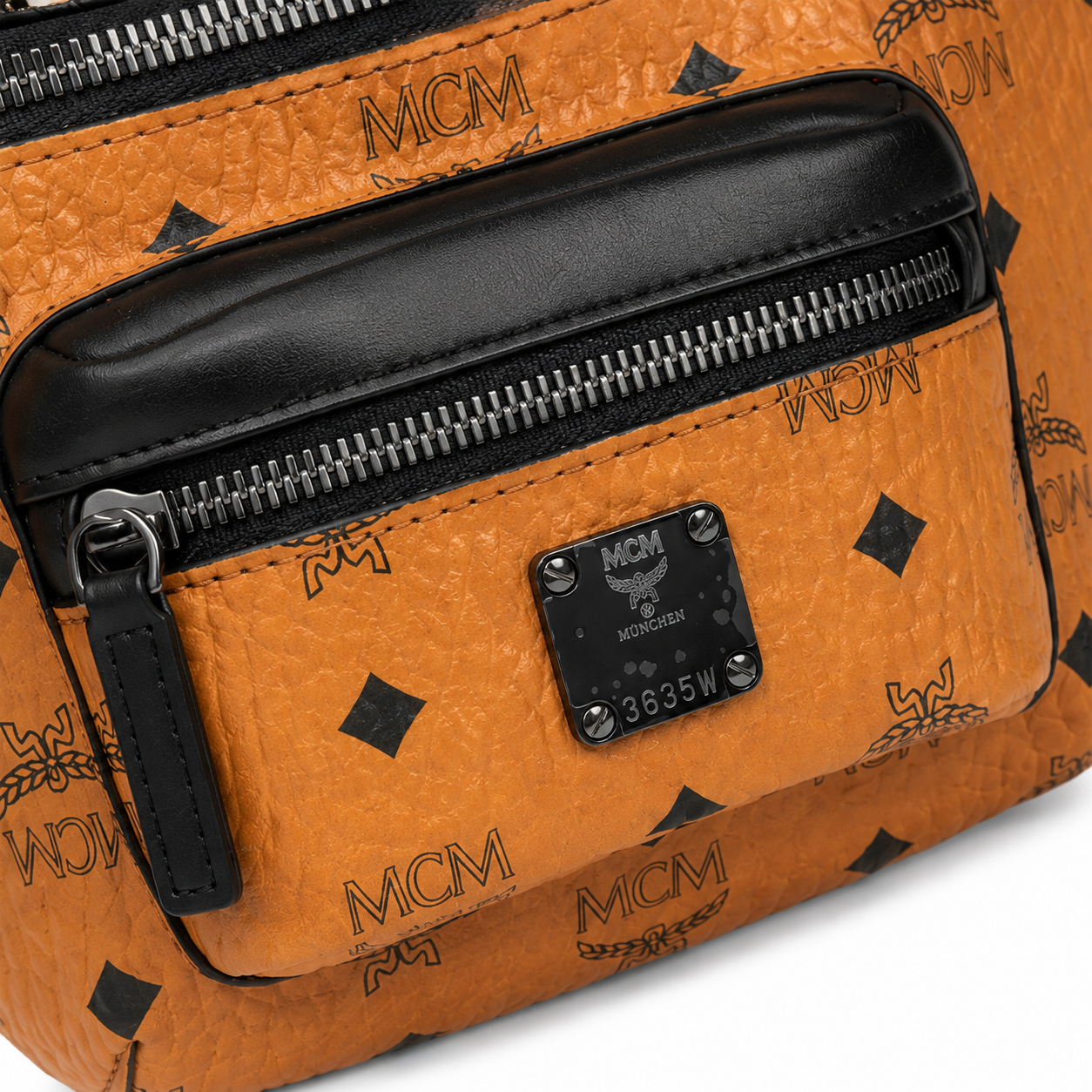 MCM Fursten Visetos Waist Bag in Cognac – Monogram Coated Canvas Belt Bag with Front Zip Pocket & Silver Plaque, 28.5x12.5x5.5cm