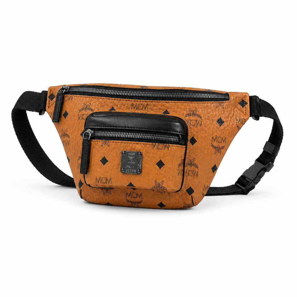 MCM Fursten Visetos Waist Bag in Cognac – Monogram Coated Canvas Belt Bag with Front Zip Pocket & Silver Plaque, 28.5x12.5x5.5cm