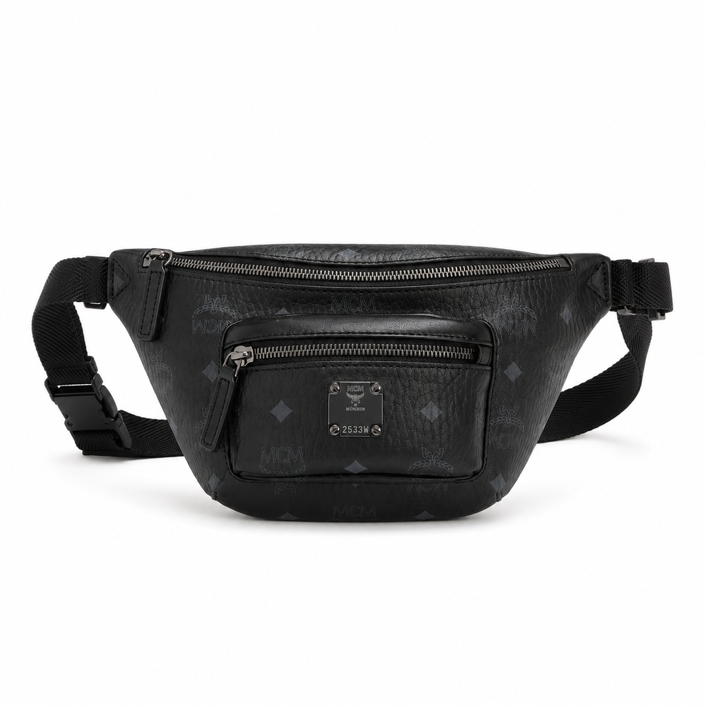 MCM Fursten Visetos Waist Bag in Black – Dark Monogram Coated Canvas Belt Bag with Front Zip Pocket & Black Plaque, 28.5x12.5x5.5cm