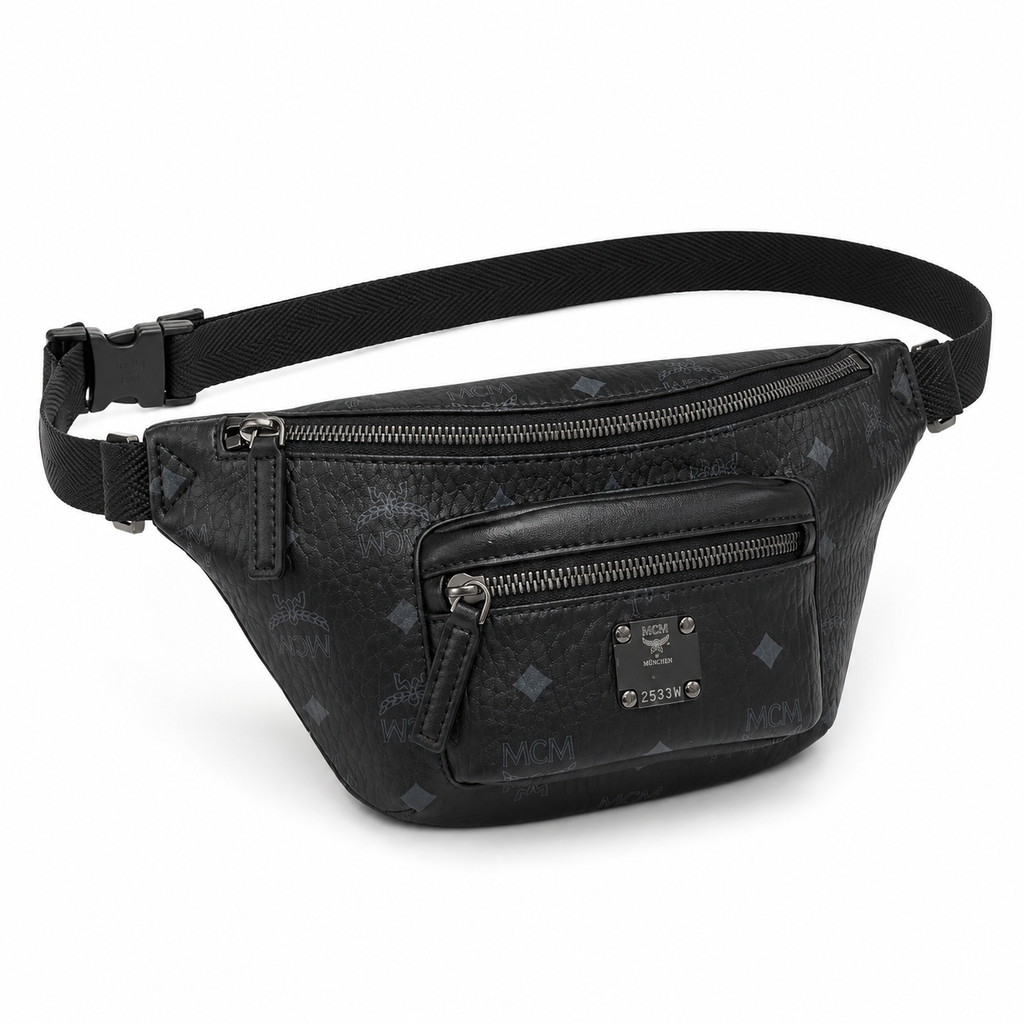 MCM Fursten Visetos Waist Bag in Black – Dark Monogram Coated Canvas Belt Bag with Front Zip Pocket & Black Plaque, 28.5x12.5x5.5cm