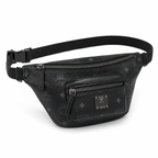 MCM Fursten Visetos Waist Bag in Black – Dark Monogram Coated Canvas Belt Bag with Front Zip Pocket & Black Plaque, 28.5x12.5x5.5cm