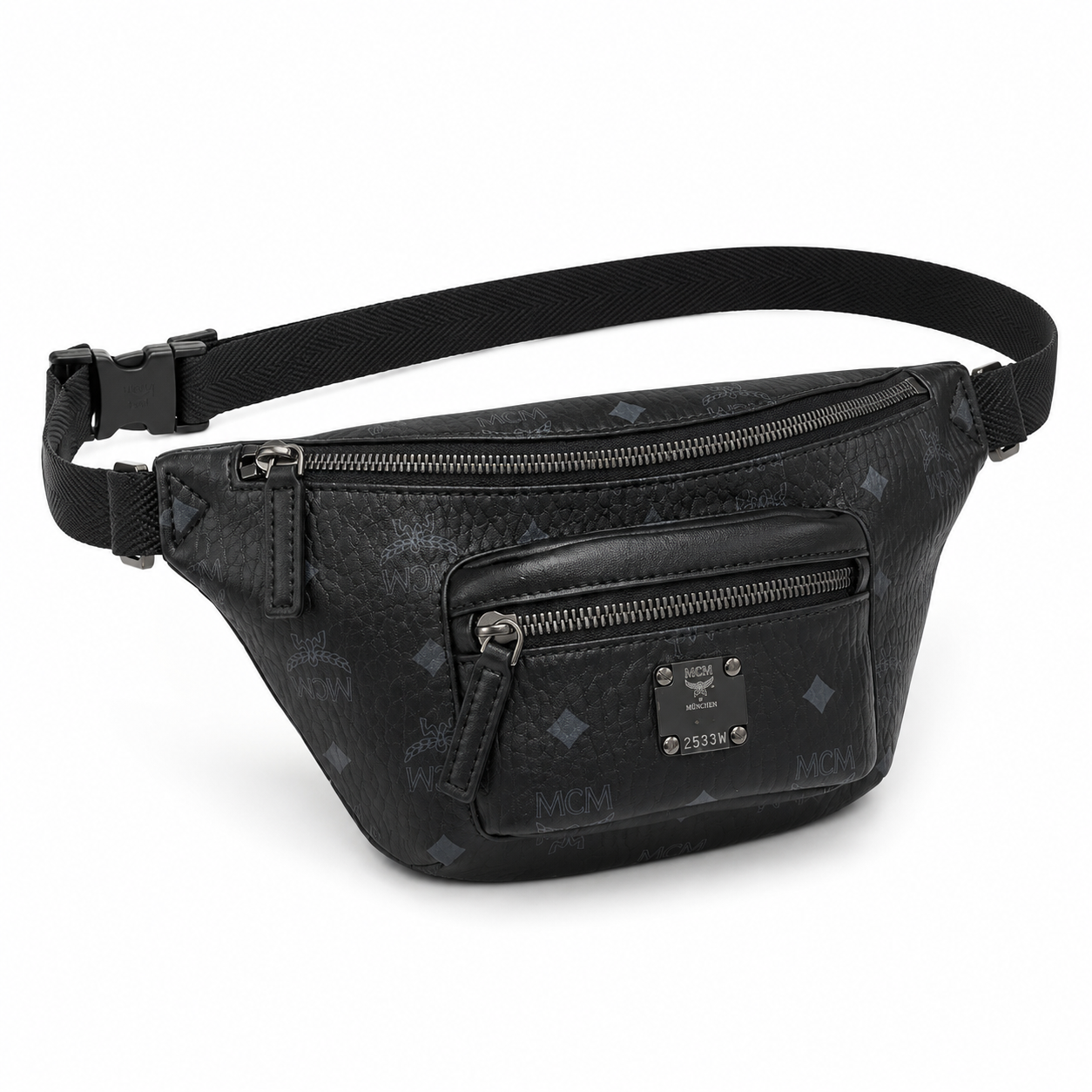 MCM Fursten Visetos Waist Bag in Black – Dark Monogram Coated Canvas Belt Bag with Front Zip Pocket & Black Plaque, 28.5x12.5x5.5cm
