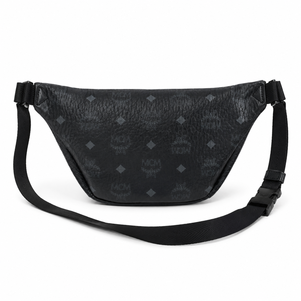 MCM Fursten Visetos Waist Bag in Black – Dark Monogram Coated Canvas Belt Bag with Front Zip Pocket & Black Plaque, 28.5x12.5x5.5cm