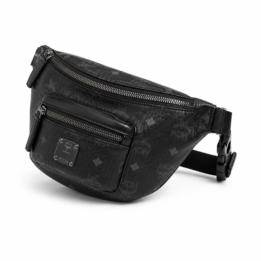 MCM Fursten Visetos Waist Bag in Black – Dark Monogram Coated Canvas Belt Bag with Front Zip Pocket & Black Plaque, 28.5x12.5x5.5cm