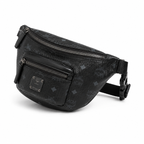MCM Fursten Visetos Waist Bag in Black – Dark Monogram Coated Canvas Belt Bag with Front Zip Pocket & Black Plaque, 28.5x12.5x5.5cm