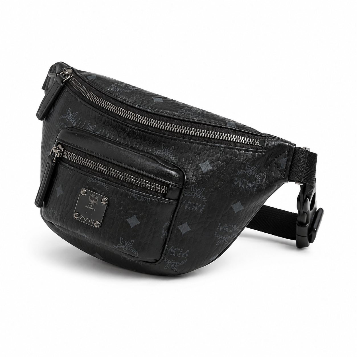 MCM Fursten Visetos Waist Bag in Black – Dark Monogram Coated Canvas Belt Bag with Front Zip Pocket & Black Plaque, 28.5x12.5x5.5cm