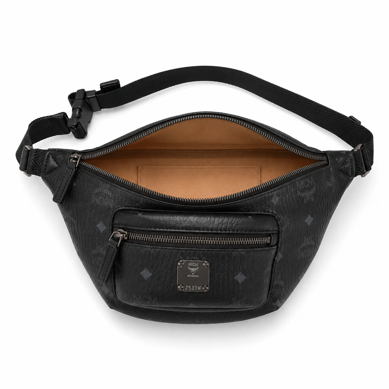 MCM Fursten Visetos Waist Bag in Black – Dark Monogram Coated Canvas Belt Bag with Front Zip Pocket & Black Plaque, 28.5x12.5x5.5cm