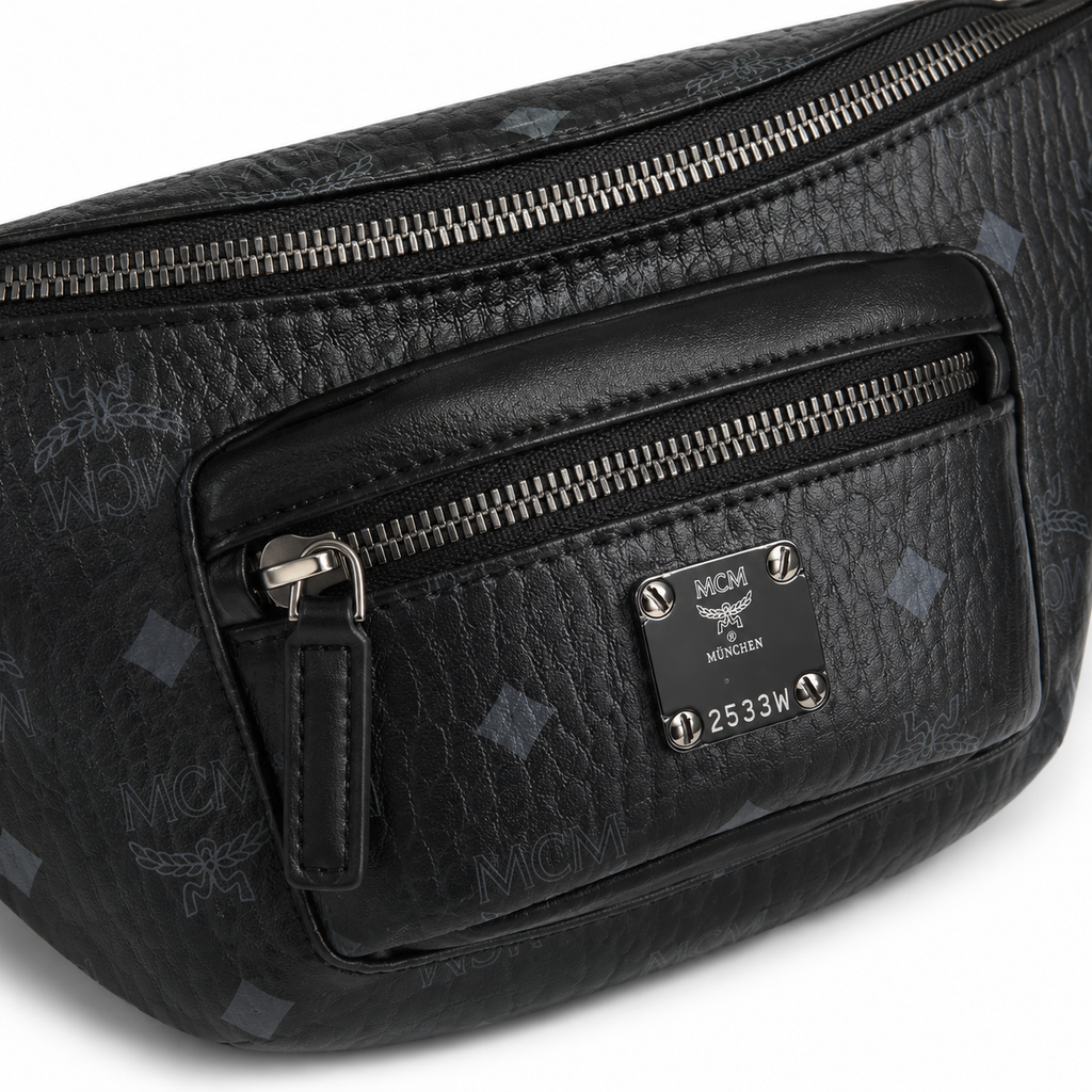 MCM Fursten Visetos Waist Bag in Black – Dark Monogram Coated Canvas Belt Bag with Front Zip Pocket & Black Plaque, 28.5x12.5x5.5cm