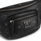 MCM Fursten Visetos Waist Bag in Black – Dark Monogram Coated Canvas Belt Bag with Front Zip Pocket & Black Plaque, 28.5x12.5x5.5cm