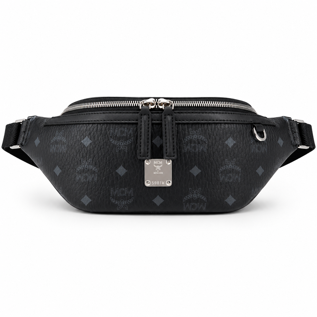 MCM Visetos Leather Belt Bag in Black – Pebbled Leather Mini Waist Bag with Tonal Embossed Monogram & Silver Plaque, 12x34x7cm