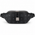 MCM Visetos Leather Belt Bag in Black – Pebbled Leather Mini Waist Bag with Tonal Embossed Monogram & Silver Plaque, 12x34x7cm