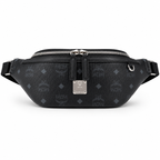 MCM Visetos Leather Belt Bag in Black – Pebbled Leather Mini Waist Bag with Tonal Embossed Monogram & Silver Plaque, 12x34x7cm