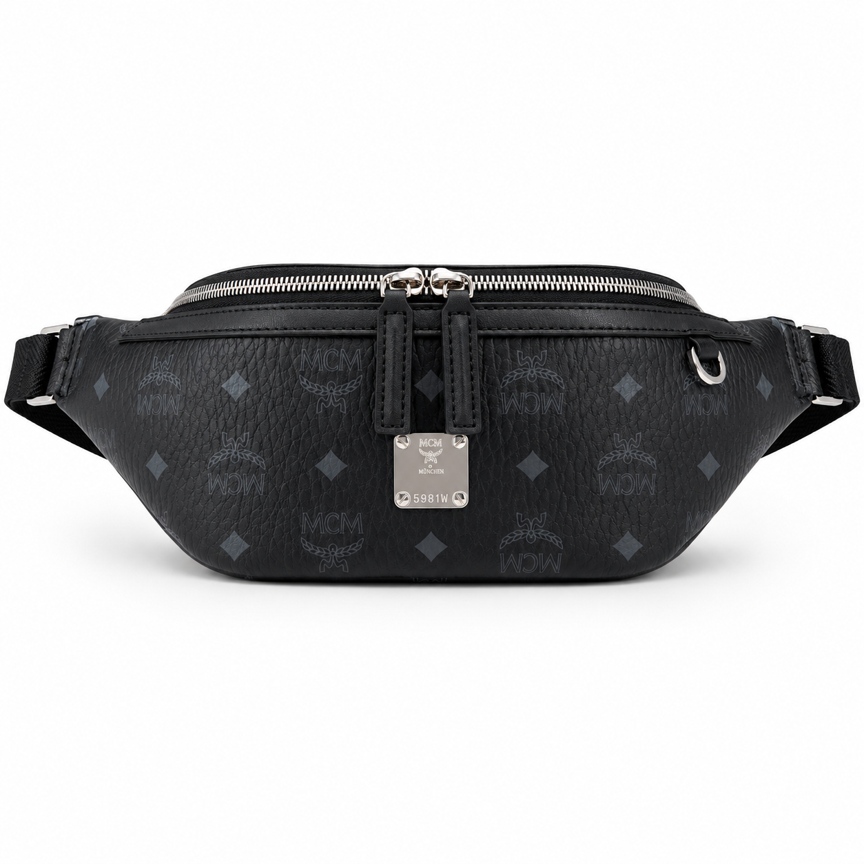 MCM Visetos Leather Belt Bag in Black – Pebbled Leather Mini Waist Bag with Tonal Embossed Monogram & Silver Plaque, 12x34x7cm
