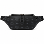 MCM Visetos Leather Belt Bag in Black – Pebbled Leather Mini Waist Bag with Tonal Embossed Monogram & Silver Plaque, 12x34x7cm