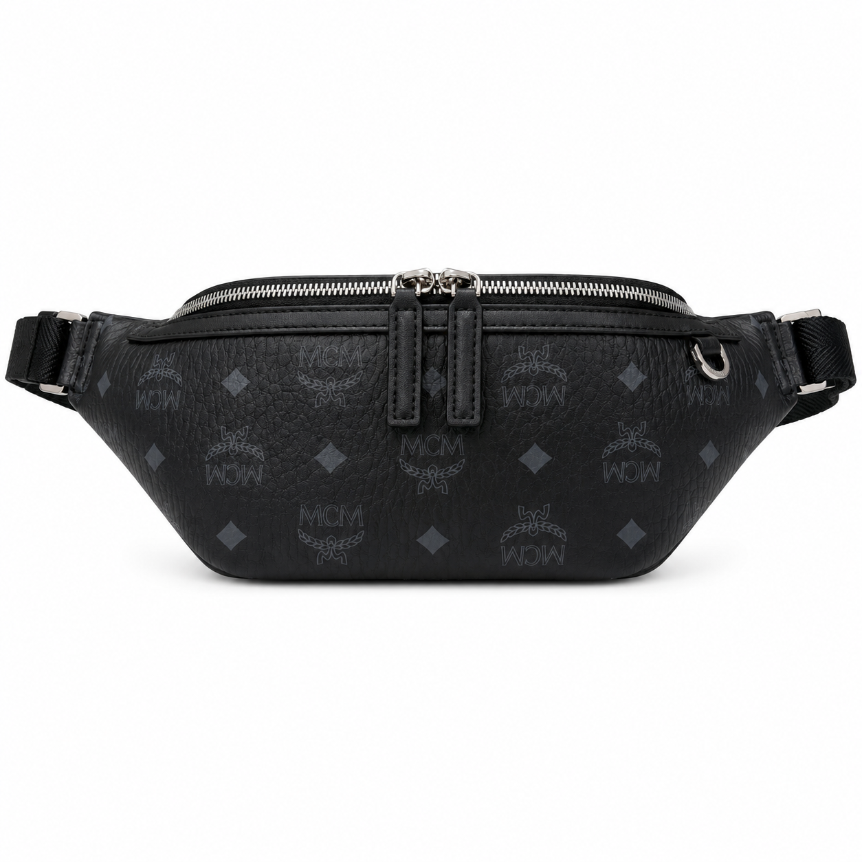 MCM Visetos Leather Belt Bag in Black – Pebbled Leather Mini Waist Bag with Tonal Embossed Monogram & Silver Plaque, 12x34x7cm