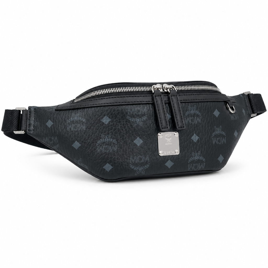 MCM Visetos Leather Belt Bag in Black – Pebbled Leather Mini Waist Bag with Tonal Embossed Monogram & Silver Plaque, 12x34x7cm