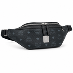 MCM Visetos Leather Belt Bag in Black – Pebbled Leather Mini Waist Bag with Tonal Embossed Monogram & Silver Plaque, 12x34x7cm