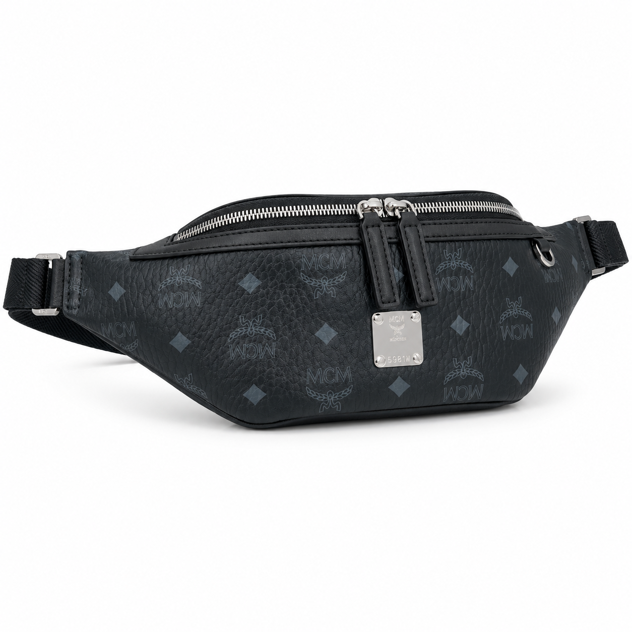 MCM Visetos Leather Belt Bag in Black – Pebbled Leather Mini Waist Bag with Tonal Embossed Monogram & Silver Plaque, 12x34x7cm