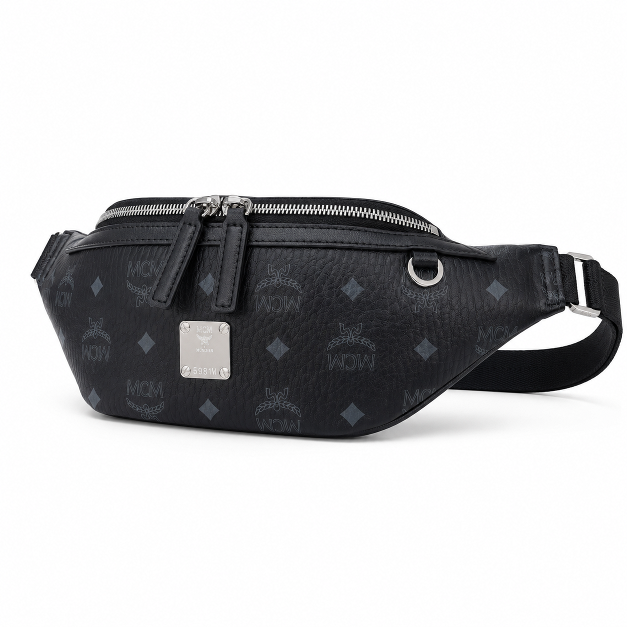MCM Visetos Leather Belt Bag in Black – Pebbled Leather Mini Waist Bag with Tonal Embossed Monogram & Silver Plaque, 12x34x7cm