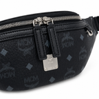 MCM Visetos Leather Belt Bag in Black – Pebbled Leather Mini Waist Bag with Tonal Embossed Monogram & Silver Plaque, 12x34x7cm