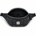 MCM Visetos Leather Belt Bag in Black – Pebbled Leather Mini Waist Bag with Tonal Embossed Monogram & Silver Plaque, 12x34x7cm