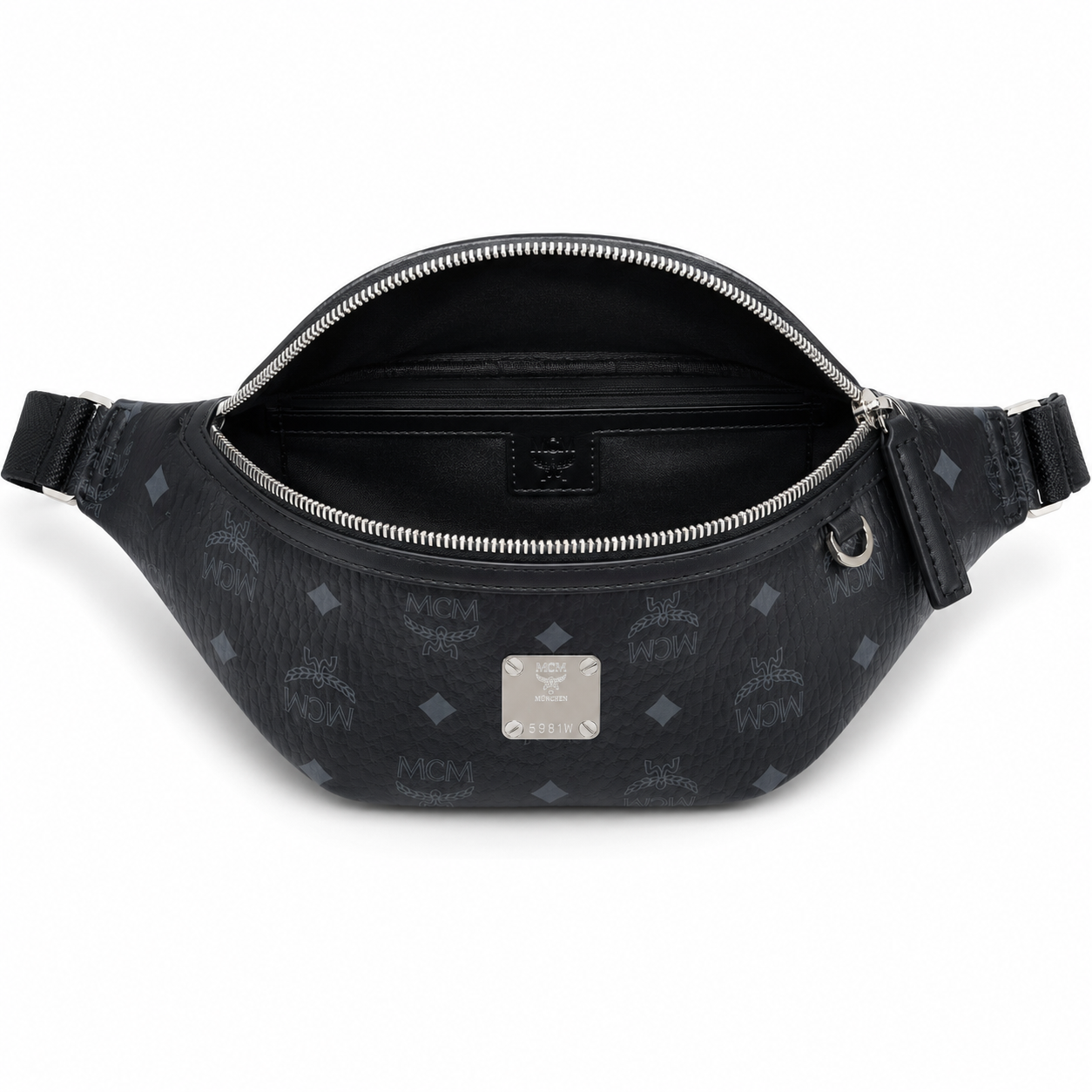 MCM Visetos Leather Belt Bag in Black – Pebbled Leather Mini Waist Bag with Tonal Embossed Monogram & Silver Plaque, 12x34x7cm