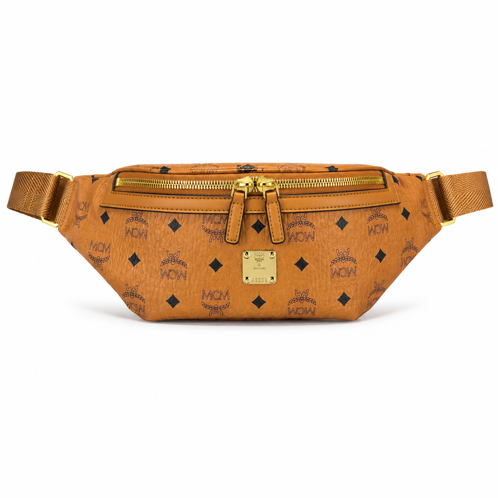 MCM Berlin Visetos Belt Bag in Cognac – Signature Monogram Coated Canvas Waist Bag with Gold Hardware & Gold Plaque, 37x12cm