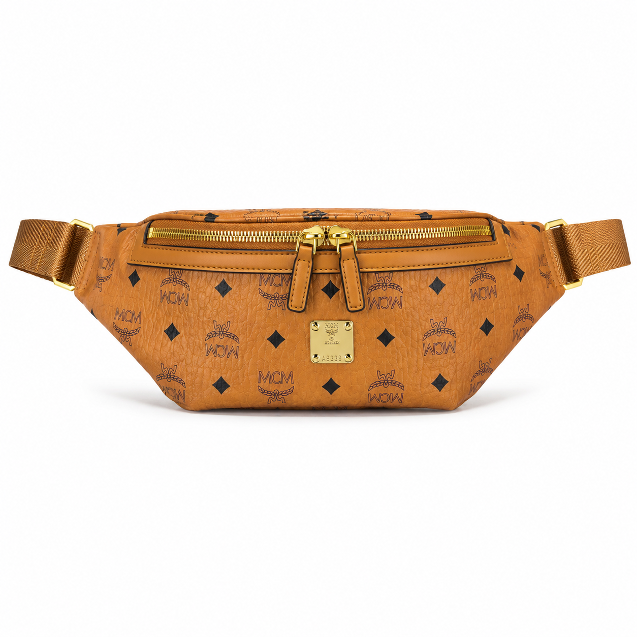 MCM Berlin Visetos Belt Bag in Cognac – Signature Monogram Coated Canvas Waist Bag with Gold Hardware & Gold Plaque, 37x12cm