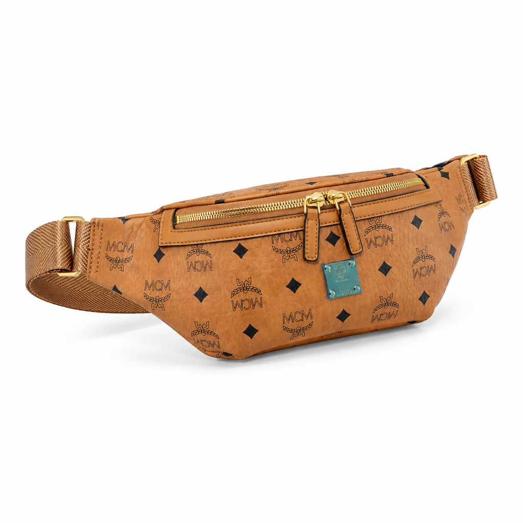 MCM Berlin Visetos Belt Bag in Cognac – Signature Monogram Coated Canvas Waist Bag with Gold Hardware & Gold Plaque, 37x12cm