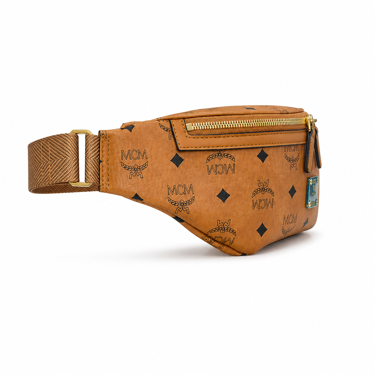 MCM Berlin Visetos Belt Bag in Cognac – Signature Monogram Coated Canvas Waist Bag with Gold Hardware & Gold Plaque, 37x12cm