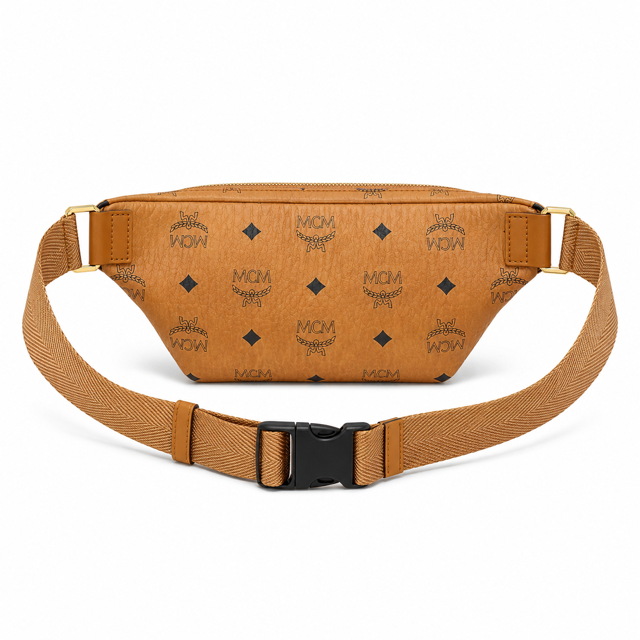 MCM Berlin Visetos Belt Bag in Cognac – Signature Monogram Coated Canvas Waist Bag with Gold Hardware & Gold Plaque, 37x12cm