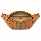 MCM Berlin Visetos Belt Bag in Cognac – Signature Monogram Coated Canvas Waist Bag with Gold Hardware & Gold Plaque, 37x12cm