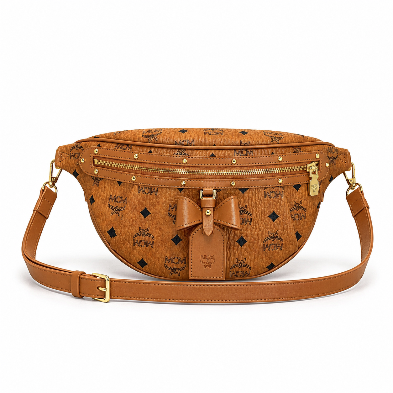 MCM Visetos Belt Bag with Bow in Cognac – Monogram Coated Canvas Waist Bag with Leather Bow, Rivets & Detachable Leather Strap, 25x18cm