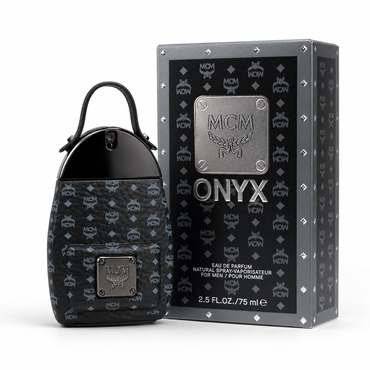 MCM ONYX Eau de Parfum Spray 75ml – Woody Spicy Men's Perfume in Black Leather Backpack Bottle