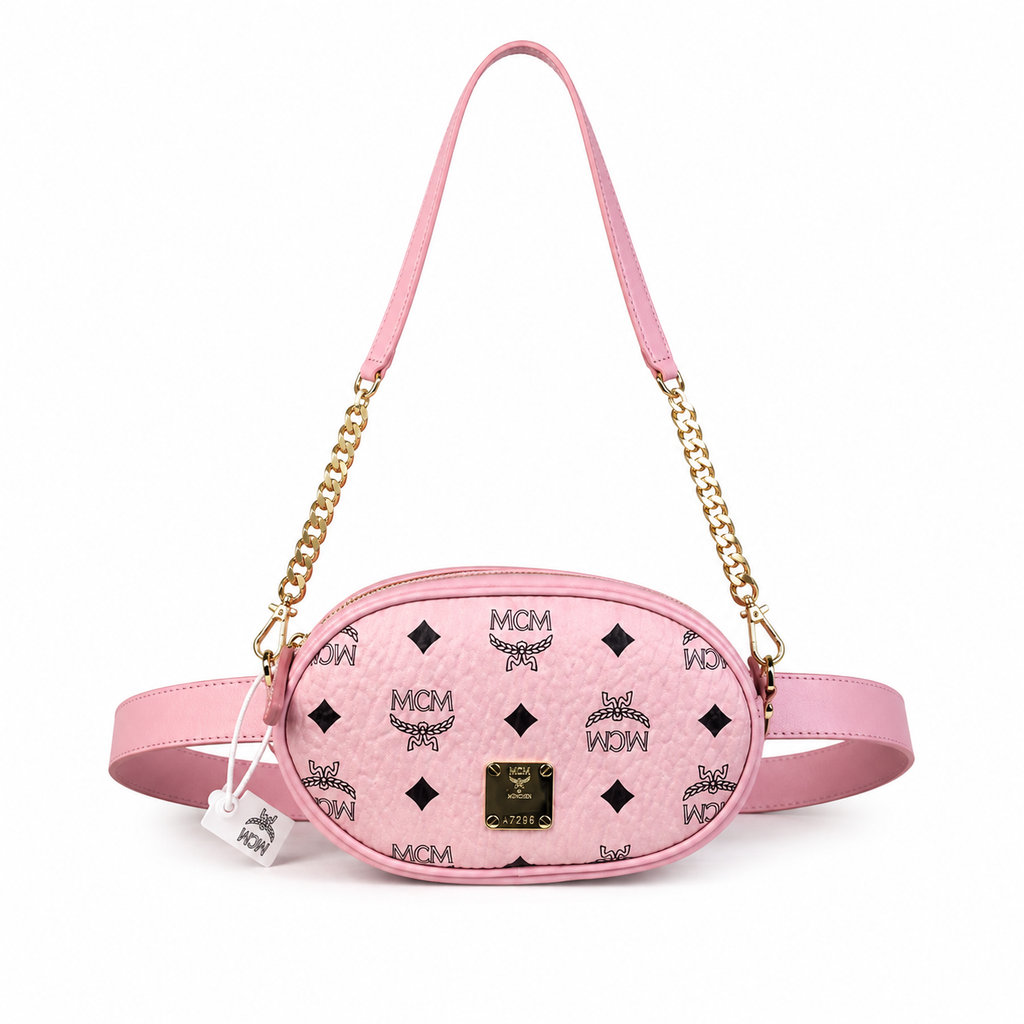 MCM Visetos Mini Oval Belt Bag / Crossbody Bag in Pink – Detachable Chain & Leather Straps