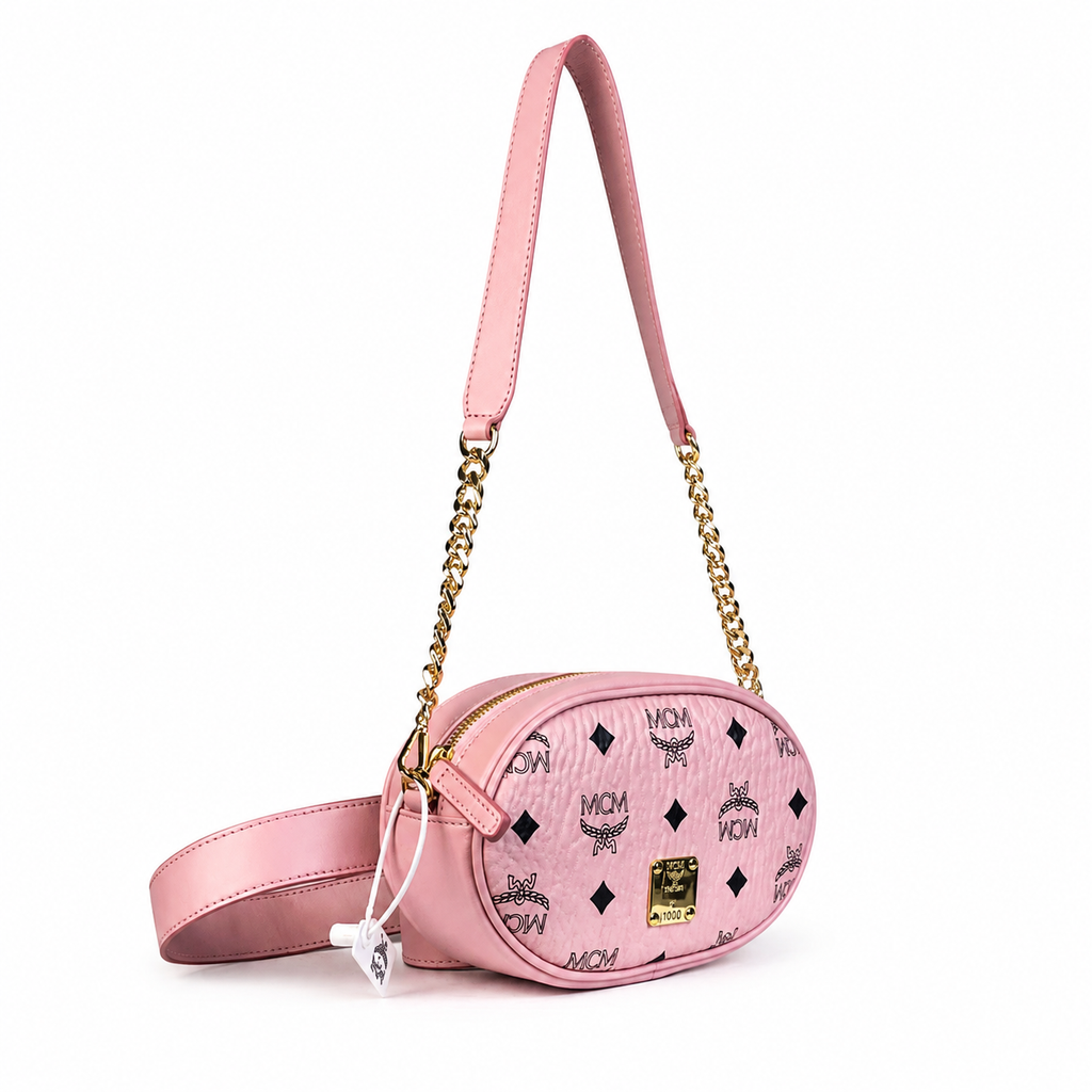 MCM Visetos Mini Oval Belt Bag / Crossbody Bag in Pink – Detachable Chain & Leather Straps