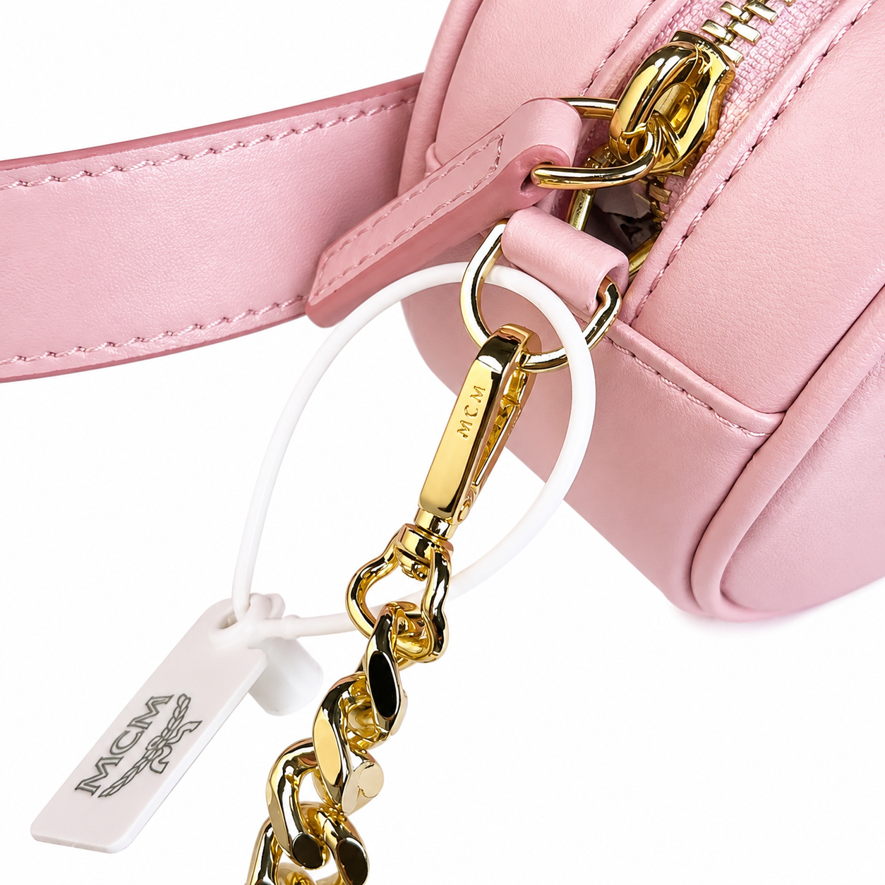 MCM Visetos Mini Oval Belt Bag / Crossbody Bag in Pink – Detachable Chain & Leather Straps