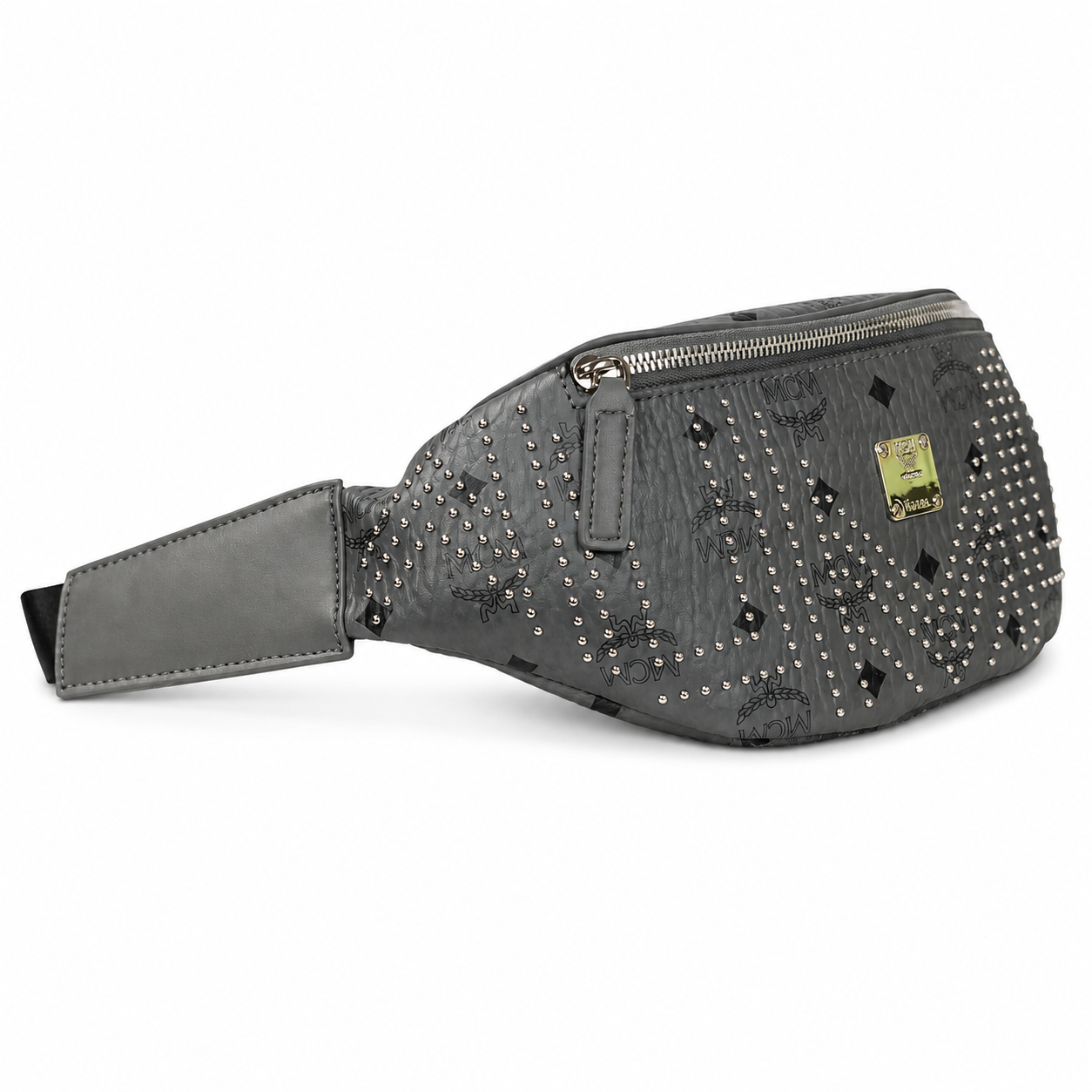 MCM Stark Grey Visetos Studded Belt Bag / Chest Bag – 32.5x14cm, Silver Studs & Adjustable Leather Strap