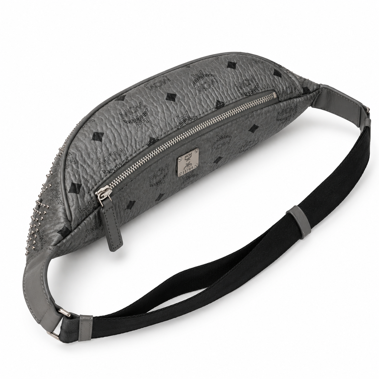MCM Stark Grey Visetos Studded Belt Bag / Chest Bag – 32.5x14cm, Silver Studs & Adjustable Leather Strap