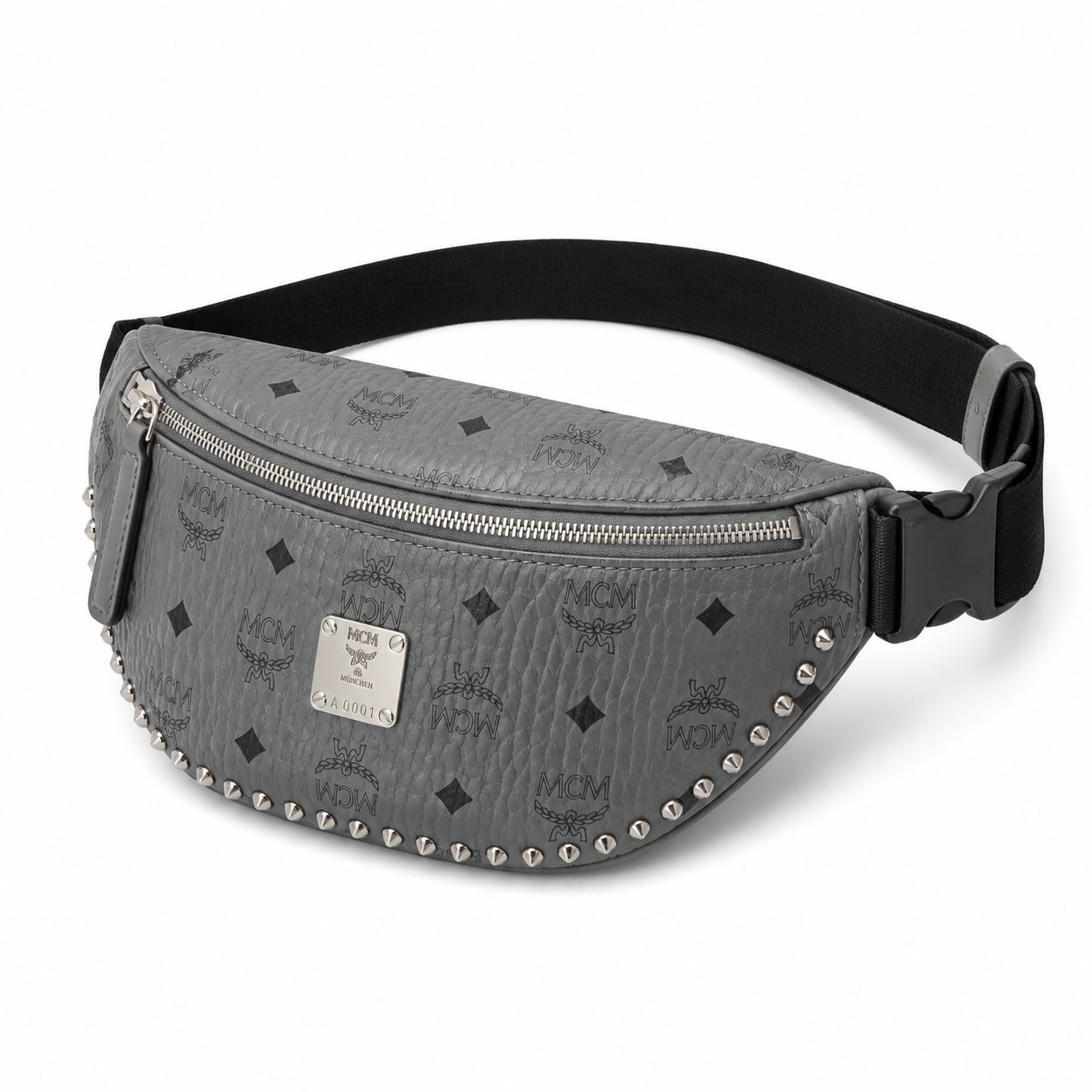 MCM Stark Grey Visetos Studded Belt Bag / Chest Bag – 32.5x14cm, Silver Studs & Adjustable Leather Strap