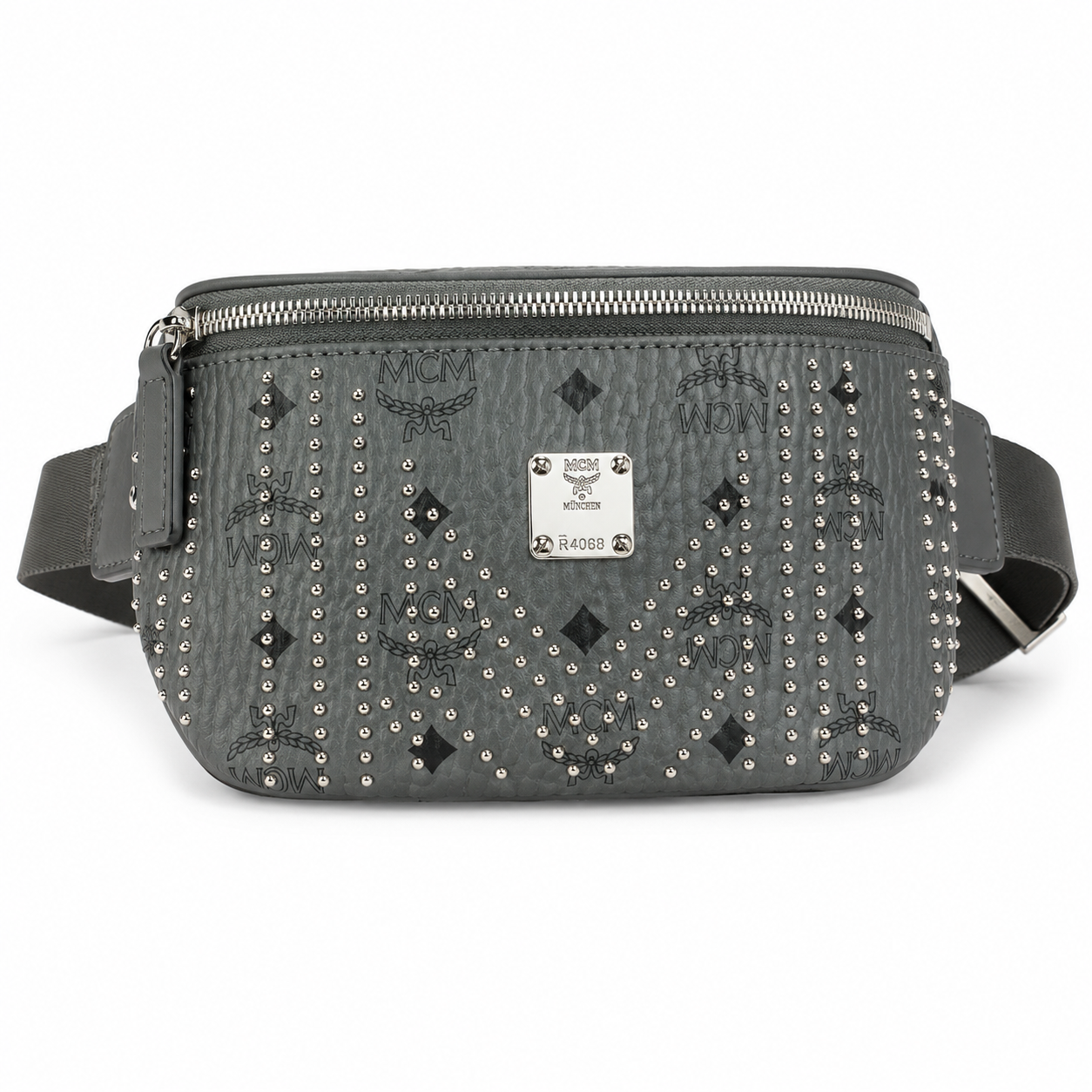 MCM Stark Grey Visetos Studded Belt Bag / Chest Bag – 32.5x14cm, Silver Studs & Adjustable Leather Strap