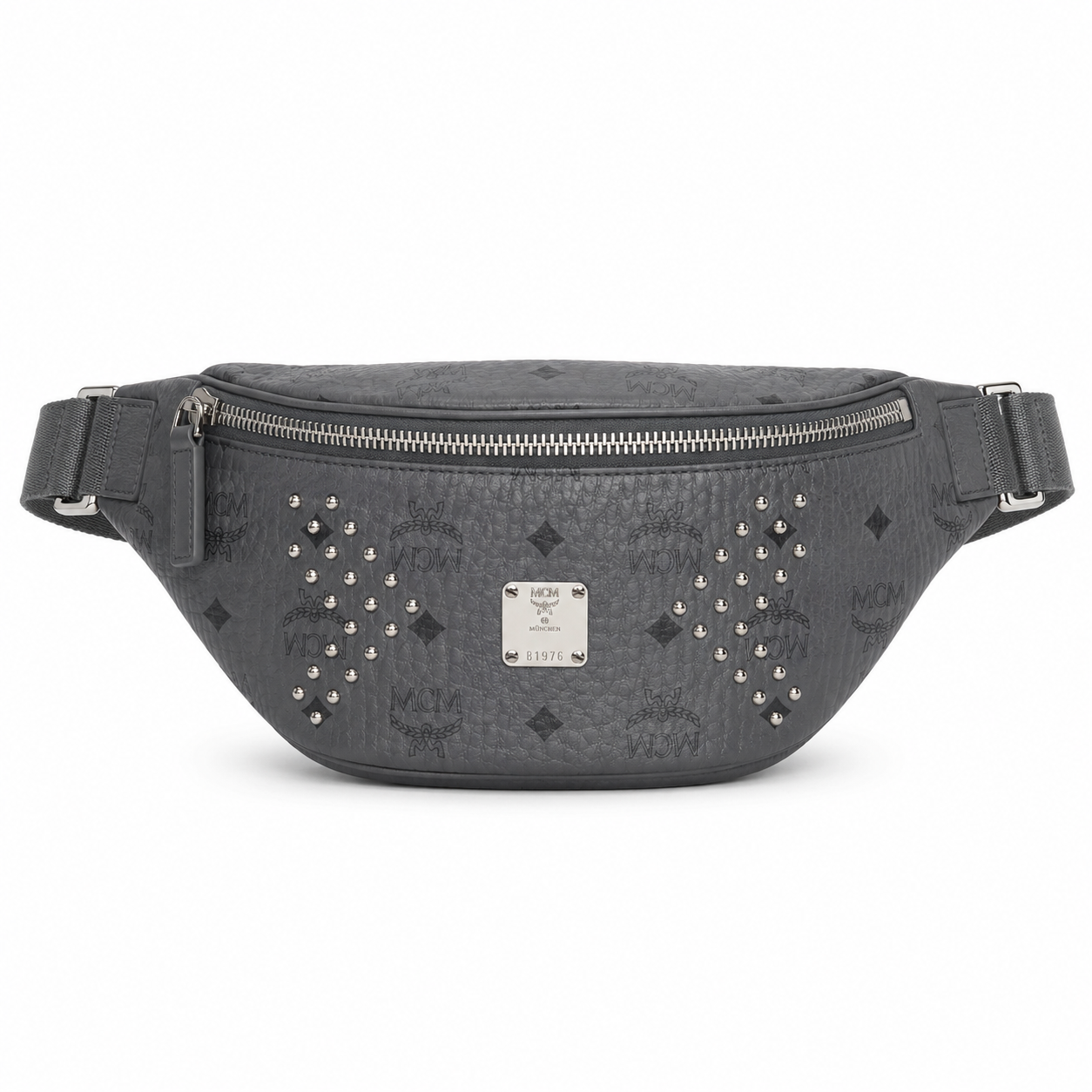 MCM Stark Grey Visetos Studded Belt Bag / Chest Bag – 32.5x14cm, Silver Studs & Adjustable Leather Strap