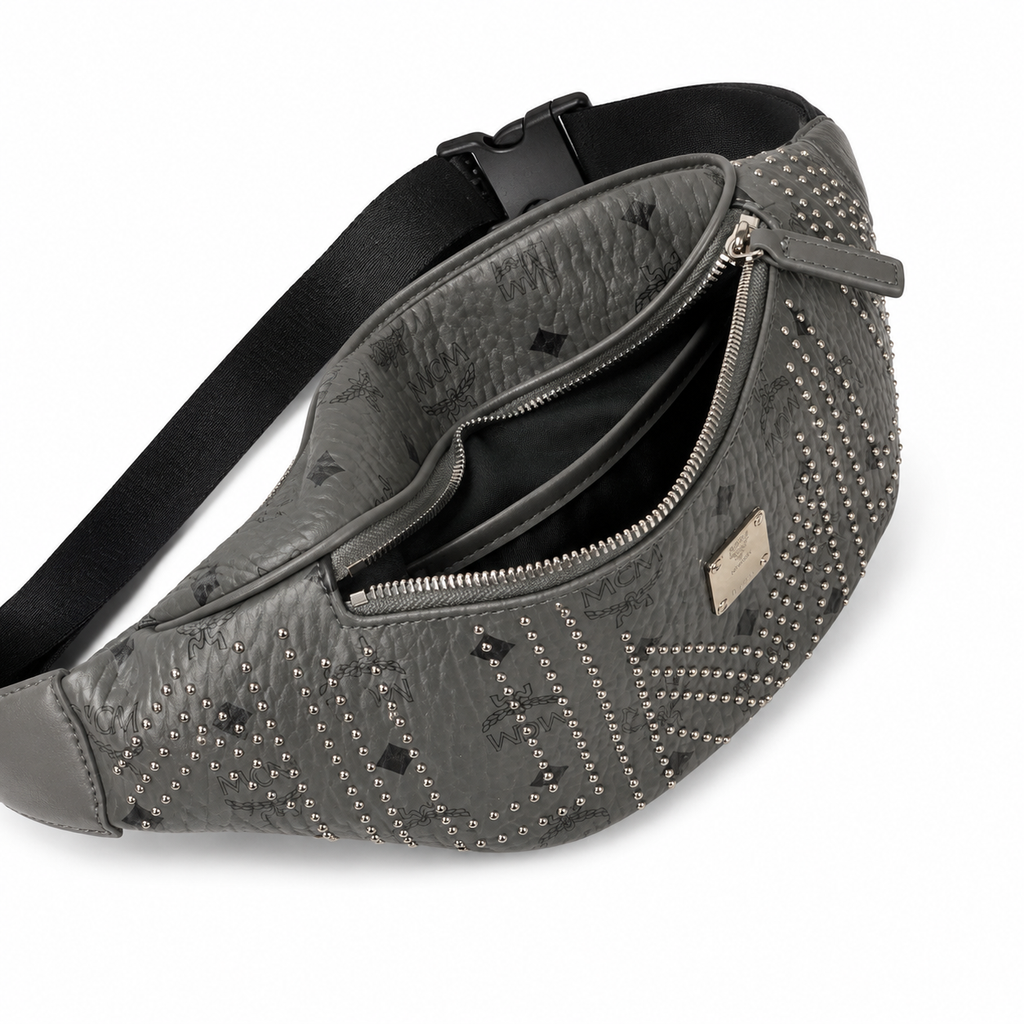 MCM Stark Grey Visetos Studded Belt Bag / Chest Bag – 32.5x14cm, Silver Studs & Adjustable Leather Strap