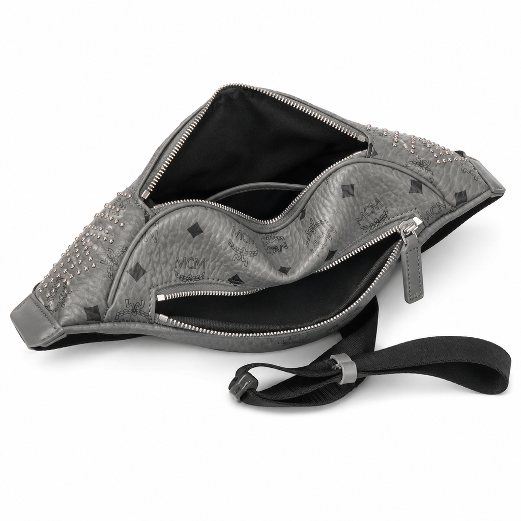 MCM Stark Grey Visetos Studded Belt Bag / Chest Bag – 32.5x14cm, Silver Studs & Adjustable Leather Strap