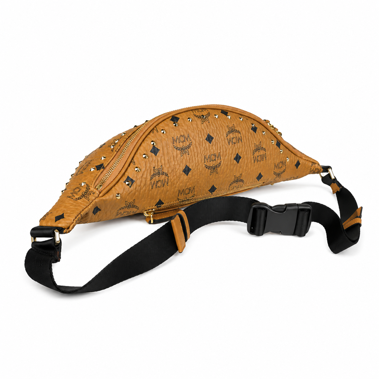 MCM Stark Cognac Visetos Medium Studded Belt Bag / Chest Bag – Gold Studs & Adjustable Black Strap