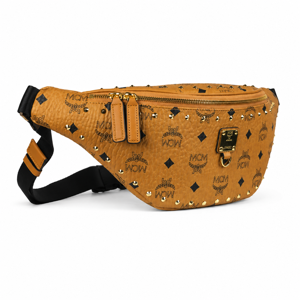 MCM Stark Cognac Visetos Medium Studded Belt Bag / Chest Bag – Gold Studs & Adjustable Black Strap