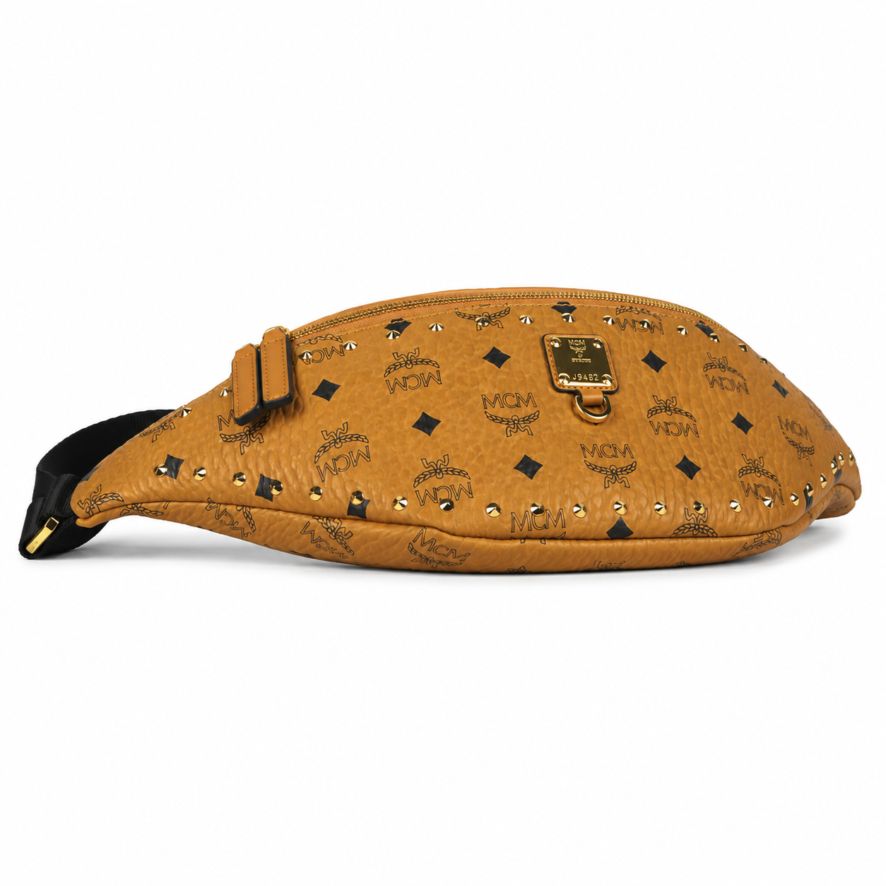MCM Stark Cognac Visetos Medium Studded Belt Bag / Chest Bag – Gold Studs & Adjustable Black Strap