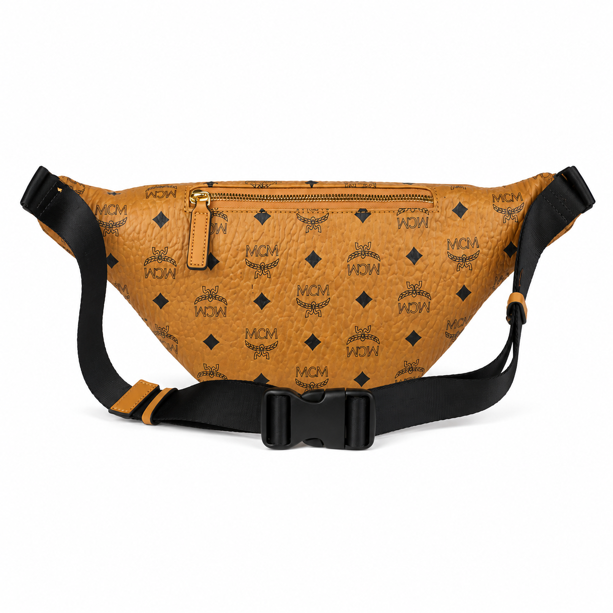 MCM Stark Cognac Visetos Medium Studded Belt Bag / Chest Bag – Gold Studs & Adjustable Black Strap