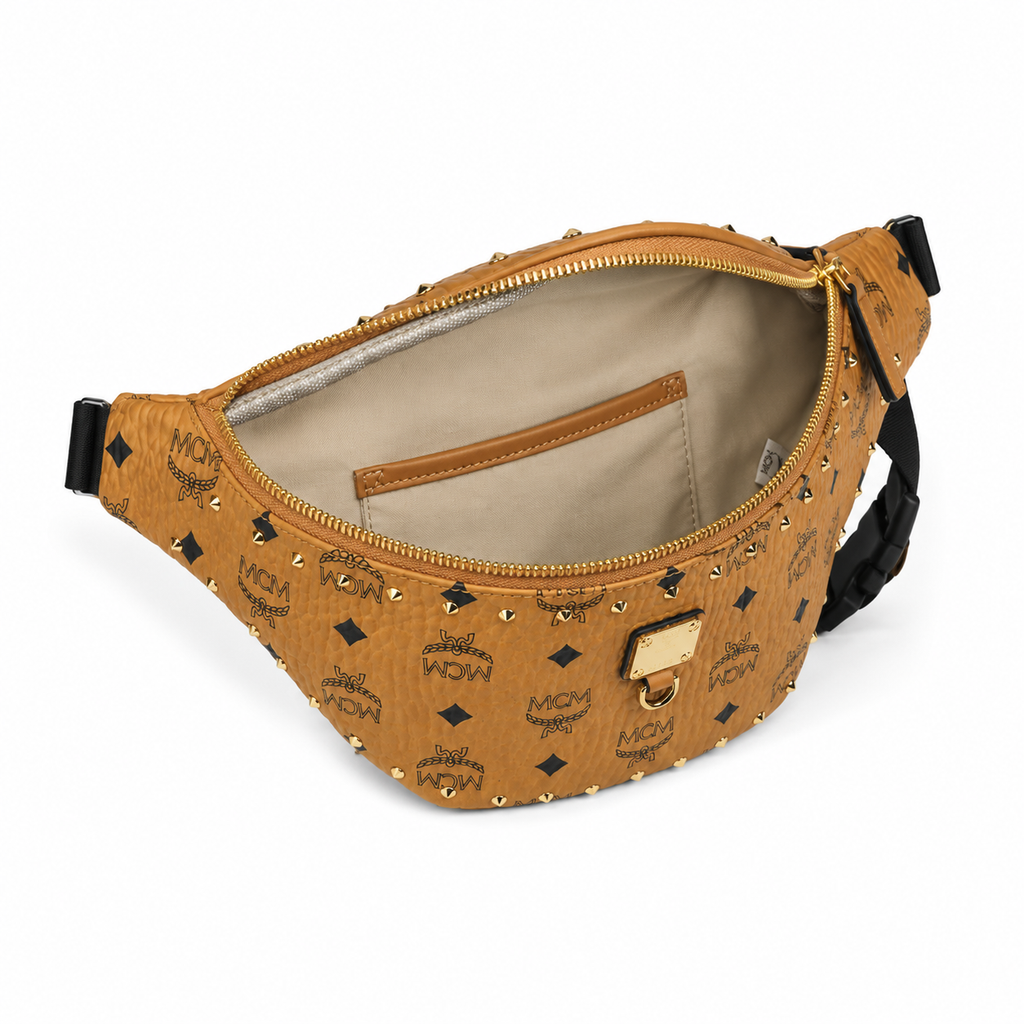 MCM Stark Cognac Visetos Medium Studded Belt Bag / Chest Bag – Gold Studs & Adjustable Black Strap